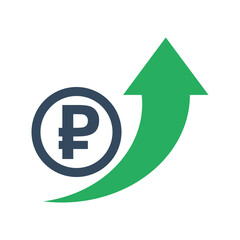 ruble coin with green exponential up arrow, russian economic growth indicator, stock exchange market positive trend, rising income pictogram