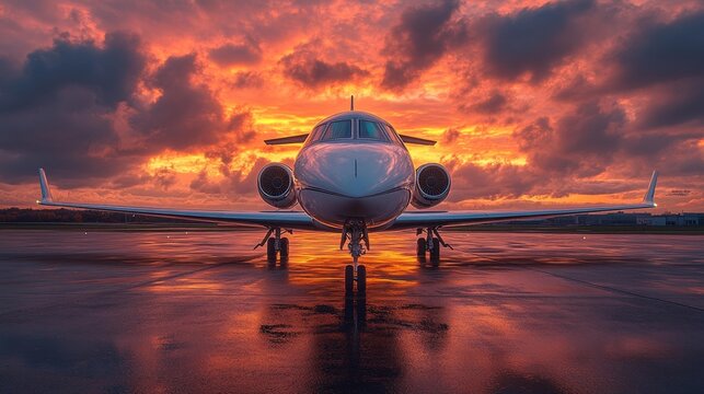 Luxury Private Jet at Sunset on a Reflective Runway. Generative AI