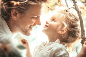 Fototapeta premium A Dad Lifting His Child to Touch a Tree Branch A Simple Yet Profound Act of Love, Support, and Connection, Capturing the Essence of Fatherly Affection and the Unbreakable Bond Between a Father and