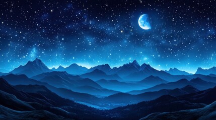 Serene Night Sky Over Majestic Mountains Under Full Moon with Starry Background and Soft Blue Hues Creating a Tranquil Atmosphere