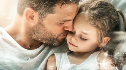 Fototapeta premium A father's tender kiss on his child's forehead as he tucks her into bed, a poignant moment showcasing paternal love, guidance, and gentle care This heartwarming image captures the essence of bedtime