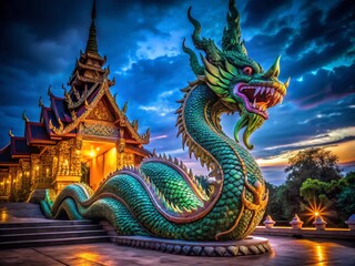 Fototapeta premium Majestic Naga King Statue at Night, Illuminated Thai Dragon Sculpture, Ancient Temple, Southeast Asia