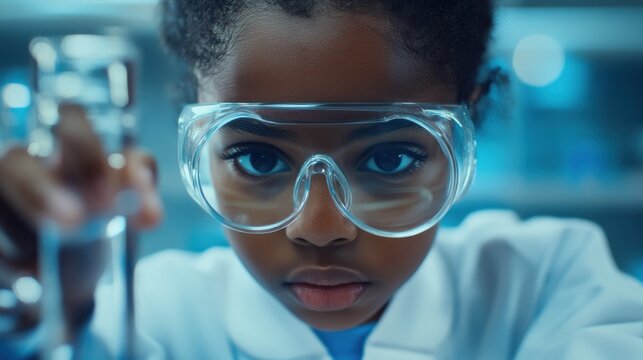 African American girl scientists learning science and looking germs. and bacteria through magnifying glass in classroom or laboratory. Scientific experiment. Early development of children - Powered by Adobe