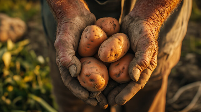 Sweet Potato Month. Close-up portrait of a weathered farmer's hands cradling freshly harvested sweet potatoes