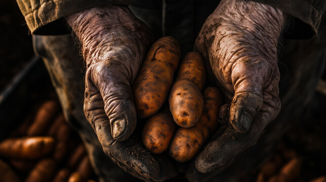 Sweet Potato Month. Close-up portrait of a weathered farmer's hands cradling freshly harvested sweet potatoes - Powered by Adobe