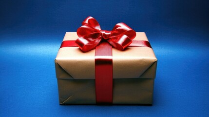 Obraz premium A Christmas or birthday present with a red satin ribbon bow, placed on a blue background, offering plenty of copy space for a seasonal sale or promotion.