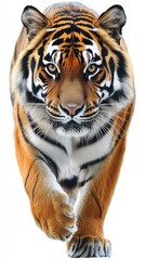 Fototapeta premium Majestic Tiger Striding Forward Against a White Background - Ideal for Wildlife Conservation Promotion