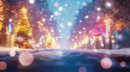 A city street covered in snow on Christmas Eve, with brightly lit trees creating a festive glow and blurred bokeh lights adding to the magic of the scene
