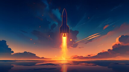 Fototapeta premium A conceptual rocket taking off with neon light background.