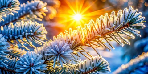 Winter Wonderland: Macro Shot of Sunlit Fir Tree Needles, Christmas Spirit