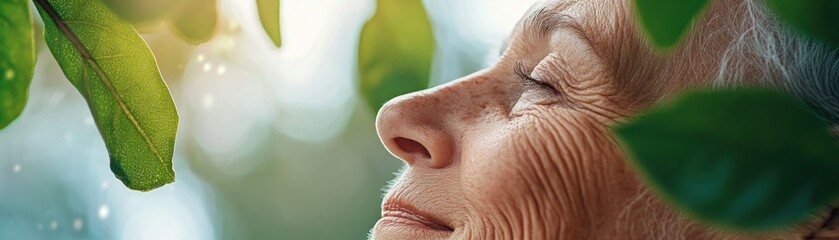 A peaceful elderly person smiling gently, embodying wellness and harmony, in a lush garden This serene image depicts the tranquility of nature and the joy of aging gracefully It represents peace