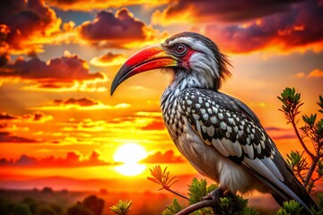 Majestic Red-Billed Hornbill Eagle Silhouette at Sunset - Isolated Wildlife Photography