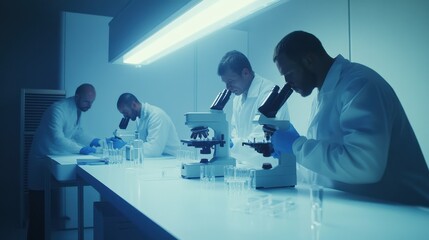 science research, work and people concept - international team of scientists with microscopes working in laboratory