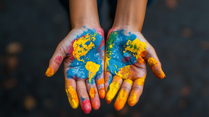 Close-Up of Hands Painted with Earth's Continents in Vibrant Colors