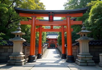 A traditional Japanese temple gate in Kyoto with an elegant pagoda and peaceful garden setting