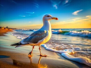 Fototapeta premium Majestic Seagull Slow Motion Stroll Along Sandy Shore Panoramic
