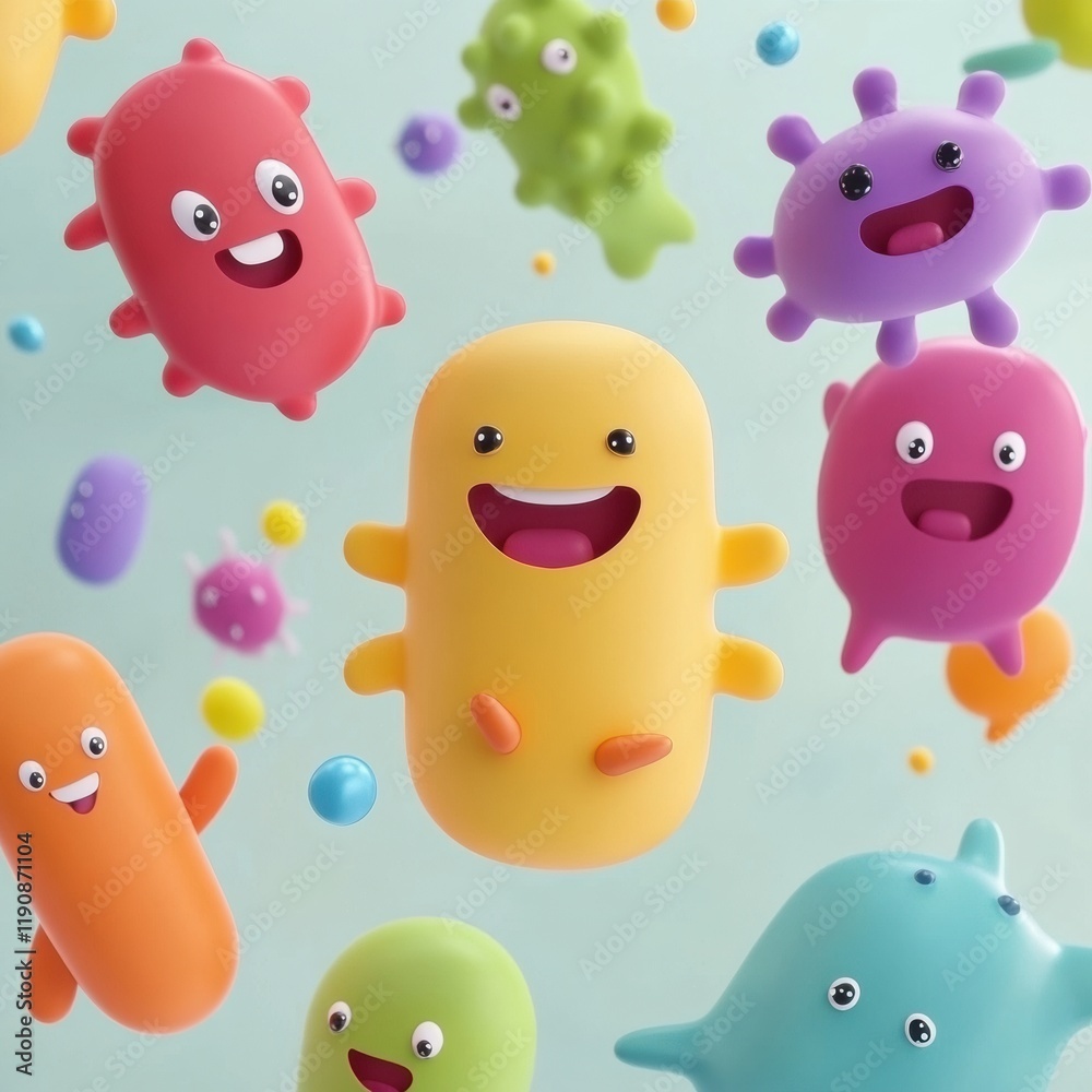 Poster cartoon microbes with cheerful smiles float playfully in a vibrant, colorful environment. generative