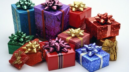 Obraz premium A close-up of a stack of festive gift boxes with intricate bows and ribbons, neatly arranged on a clean white backdrop.
