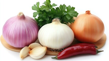 Assortment of onion, garlic, and chili with sprigs of parsley, arranged on a wooden chopping board.