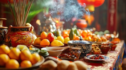 A close-up of a table full of Chinese New Year offerings such as fruit, incense, and tea, prepared for ancestor worship.