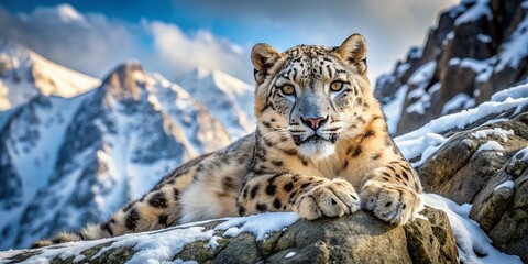 Obraz premium Majestic Snow Leopard Hunting on Rocky Ledge - Stunning Wildlife Photography