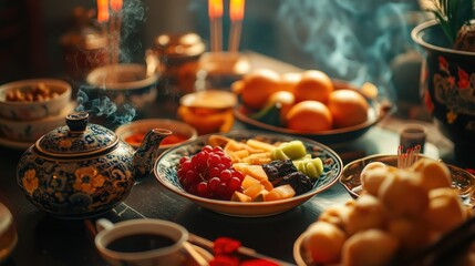 Fototapeta premium A close-up of a table full of Chinese New Year offerings such as fruit, incense, and tea, prepared for ancestor worship.