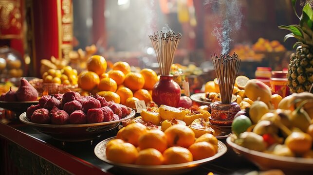 A close-up of a table full of Chinese New Year offerings such as fruit, incense, and tea, prepared for ancestor worship.