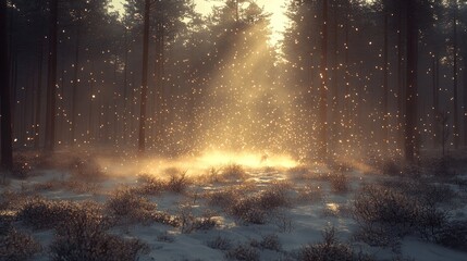 Fototapeta premium Sunbeams pierce snowy forest at dawn.