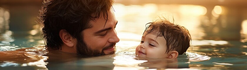 Fototapeta premium Happy Father's Day A heartwarming image depicting a father's love and care as he gently teaches his young child a valuable life lesson in a pool, symbolizing the precious bond between them, creating