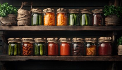 Grandma's Rustic Kitchen Homemade Pickles and Preserves in Colorful Glass Jars, A Charming Scene of Traditional Food Preservation, showcasing rows of vibrant pickled vegetables, fruits, and sauces in