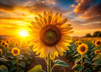 Majestic Sunflower Field at Sunset, Vibrant Summer Blooms in Golden Hour Light