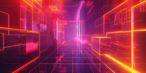 Obraz premium A vibrant, abstract digital corridor with neon lights and geometric shapes, evoking a futuristic atmosphere.