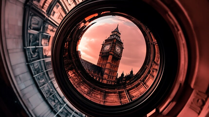Stunning reflection of Big Ben at sunset, viewed through a circular lens.  Unique perspective creates a captivating image perfect for travel, architecture, or Londonthemed projects.
