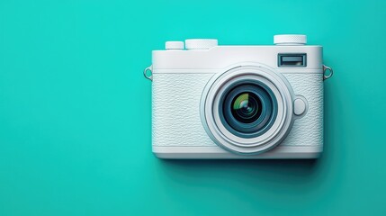 Fototapeta premium A compact mirrorless camera resting on a teal background, minimalist and modern aesthetic.