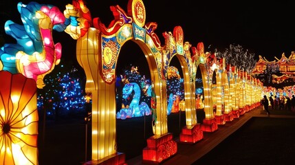A close-up of lanterns illuminated at night, showcasing traditional Chinese New Year patterns and calligraphy.