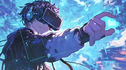 A cool, determined anime boy with a gaming headset, ready to immerse himself in virtual adventures