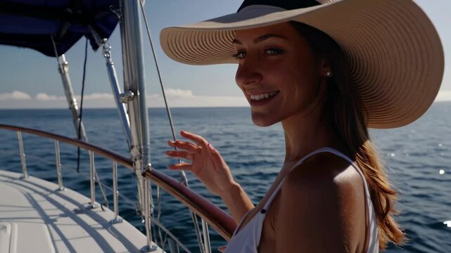 On a sunny summer morning, a young traveler woman in a stylish hat stands on deck of a sailboat, gazing out at sparkling sea