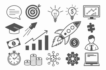 Business icons, startup incubator, entrepreneurship symbols, line art illustrations, growth charts, networking diagrams, innovation lightbulbs, money symbols, gears and cogs, computer screens, handsha