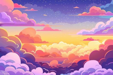 A vibrant, colorful sky filled with fluffy clouds at sunset, evoking a sense of tranquility and wonder.