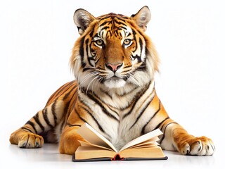 Obraz premium Majestic Tiger Reading a Book - Isolated White Background Stock Photo