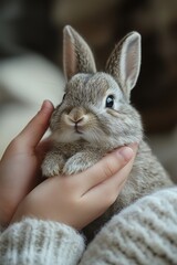 Naklejka premium Close-Up of a Bunny Comfortably Cupped in Gentle Hands in a Cozy Home Setting