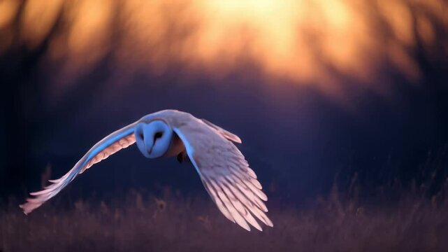 A barn owl in mid-flight at dusk, its outstretched wings and intense eyes, blurred background of a forest clearing.