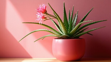 Fototapeta premium A potted aloe vera plant with pink flowers, styled in a sleek pink pot, captured with natural sunlight.