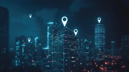 International geolocation concept with digital world map and white pinpoints connected by lines on night city skyscrapers background. Double exposure