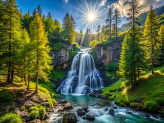 Majestic Waterfall Cascading Through Larch Forest, Claree Valley, French Alps Summer