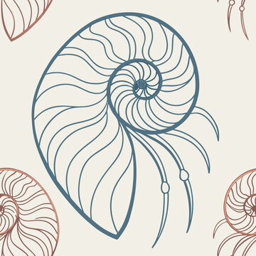 A nautilus shell cut open to reveal its perfect logarithmic spiral in soft pastel colors Seamless Pattern Texture
