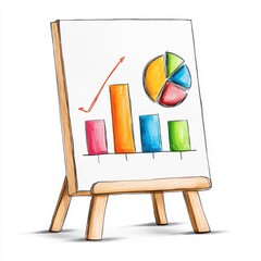 A white board with a colorful drawing of a pie chart and a line graph