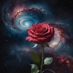 A surreal painting of a rose merging with a galaxy.