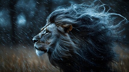 Naklejka premium Majestic Lion Silhouette with Flowing Mane Against a Wind-Swept Savannah Landscape, Capturing the Essence of Nature's Power and Beauty