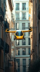 Future of urban air mobility, city air taxi, UAM urban air mobility, Public aerial transportation, Passenger Autonomous Aerial Vehicle AAV in futuristic city